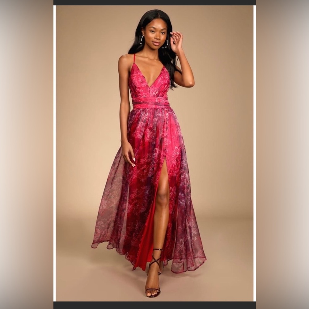 Lulu’s Romance That Wows Magenta Floral Print Organza Maxi Dress Size XS